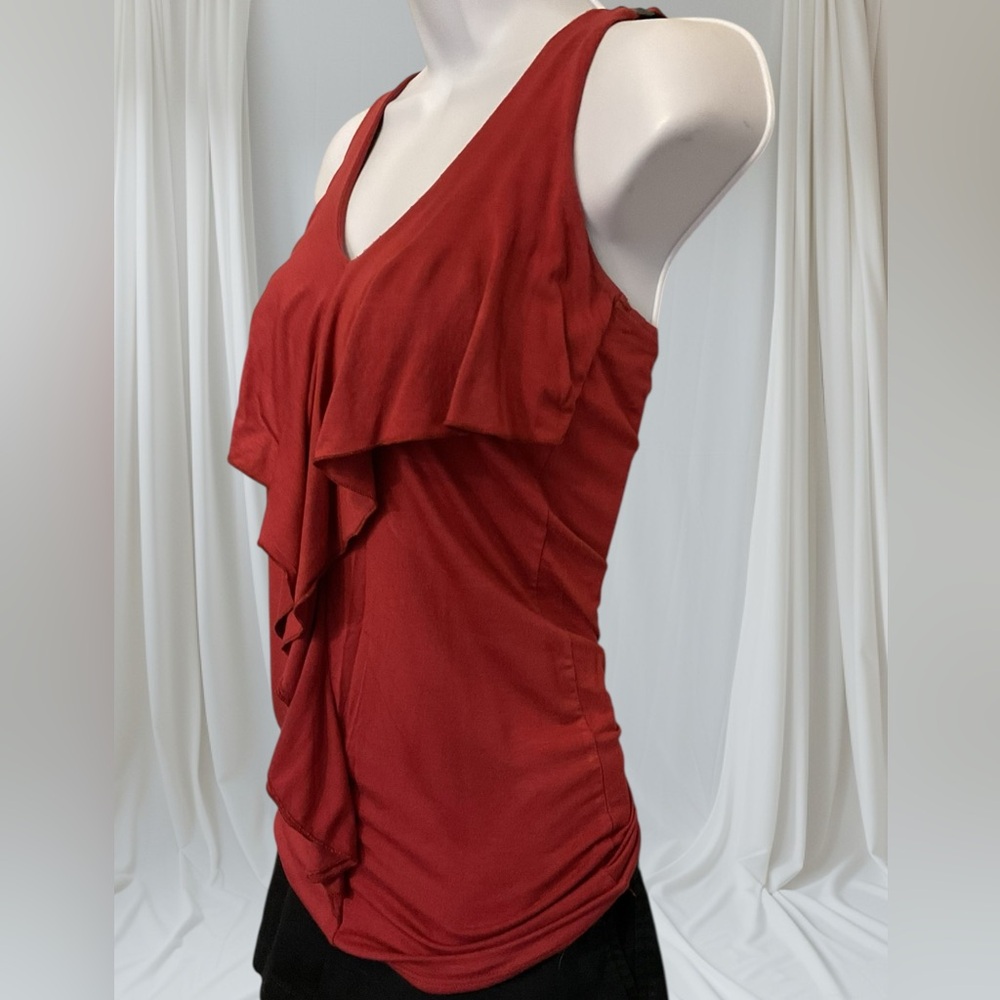 Soprano Deep Rust Red Ruffle Tank Top with Woven Accent Racerback. Y2K - Picture 4 of 7